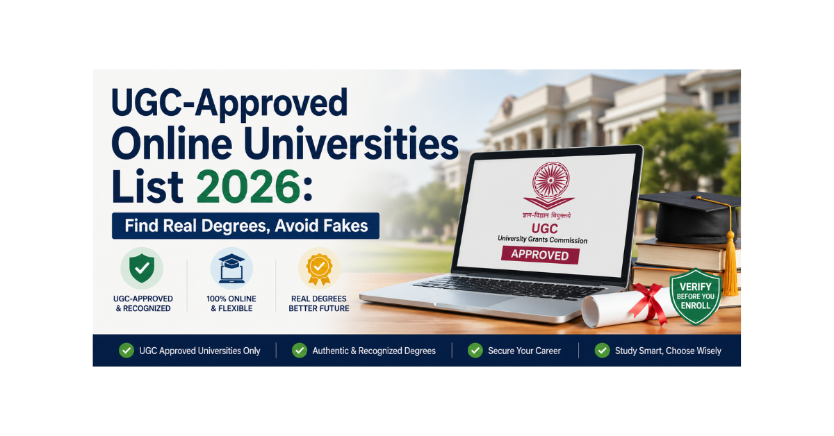 UGC-approved online universities list 2026 banner with laptop showing UGC approved degree, graduation cap, and headline Find Real Degrees Avoid Fakes