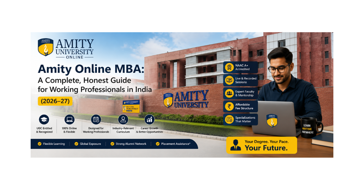 Banner of Amity University Online MBA program featuring a working professional using a laptop with highlights like NAAC A+ accreditation, live and recorded classes, affordable fee structure, career growth opportunities, and flexible online learning for In